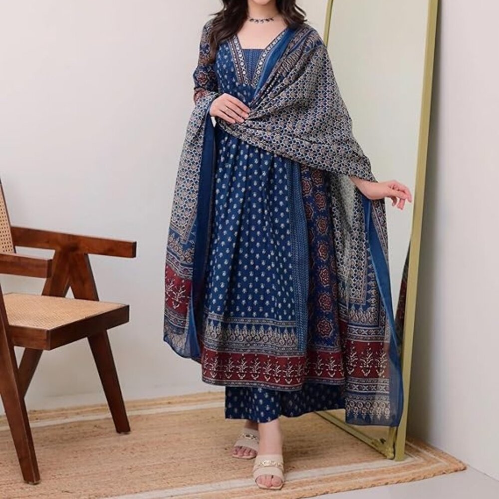 Women's Printed Anarkali Kurta and Pant with Dupatta Set